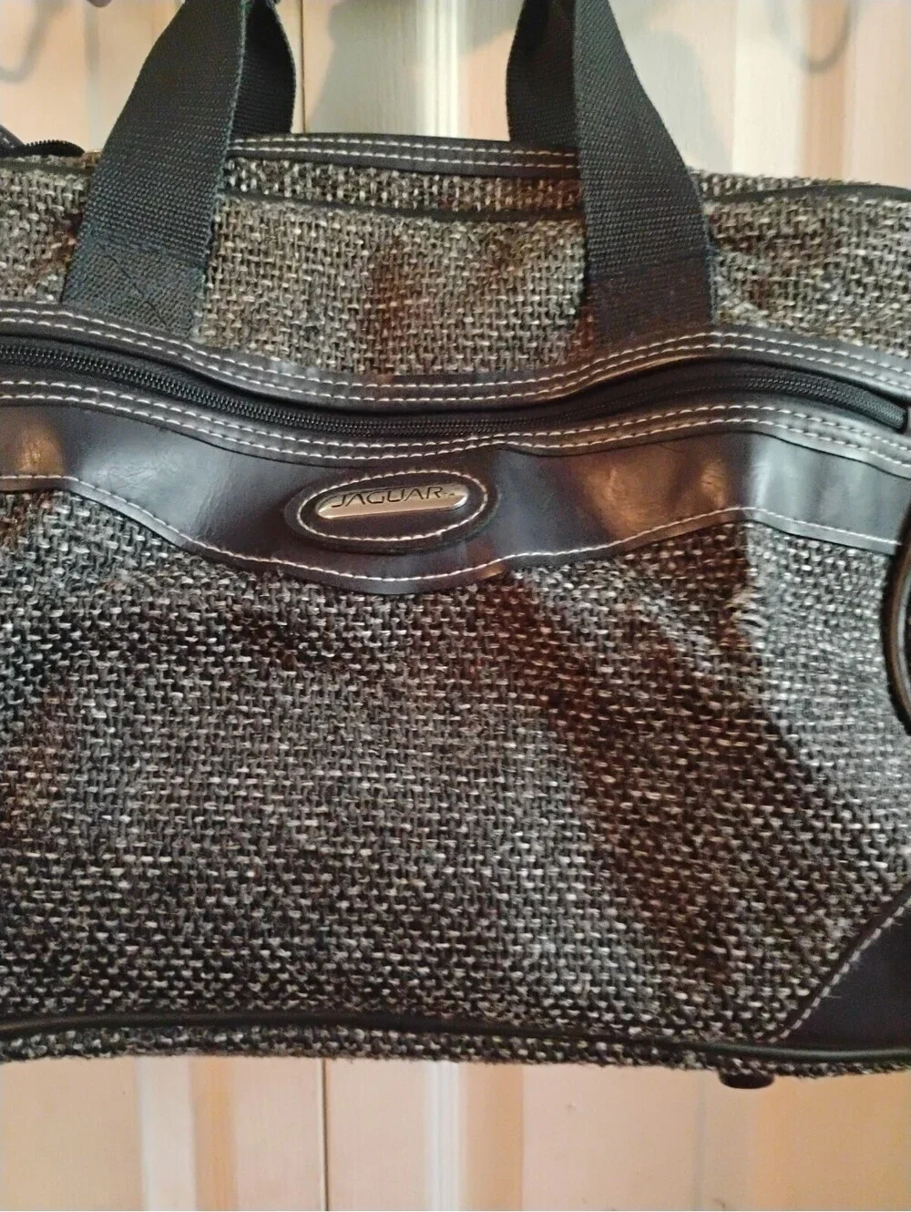 Vintage Jaguar Black & Grey Tweed Textured Satchel Handbag Faux Leather